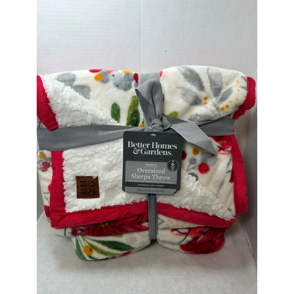 NWT 2021 Better Homes & Gardens Sherpa Throw 50x72 Poinsettia Red White Holiday